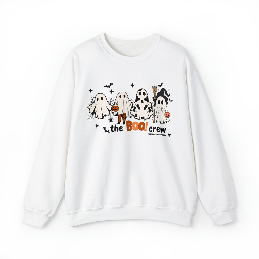 A white sweatshirt featuring a playful cartoon of ghosts and a cow, ideal for any occasion. Unisex heavy blend crewneck with ribbed knit collar, 50% cotton, 50% polyester, loose fit, and sewn-in label.