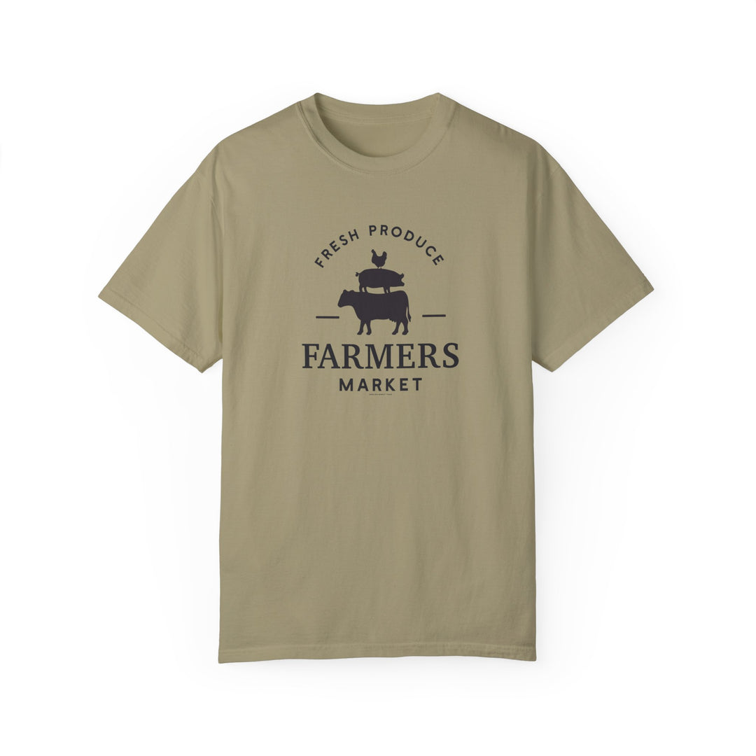 A Farmers Market Tee, garment-dyed with ring-spun cotton for coziness. Relaxed fit, double-needle stitching, no side-seams for durability and shape retention. From Worlds Worst Tees.