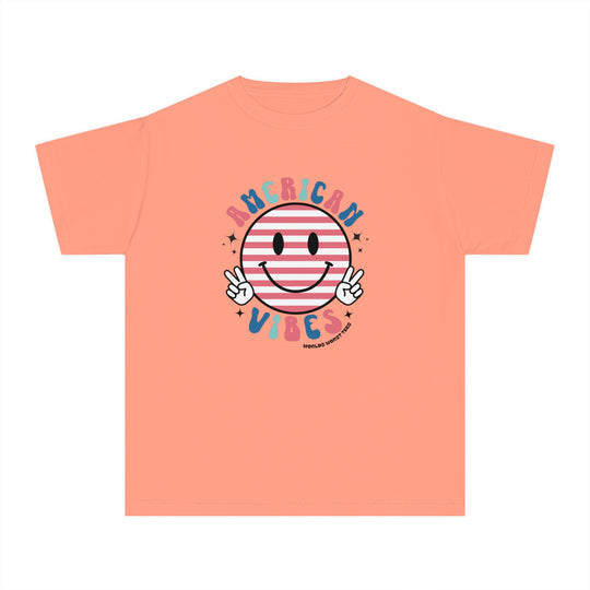 American Vibes Youth Tee: Kid's t-shirt with smiley face and peace sign design. 100% combed ringspun cotton, soft-washed, garment-dyed, classic fit for all-day comfort. Ideal for active kids.