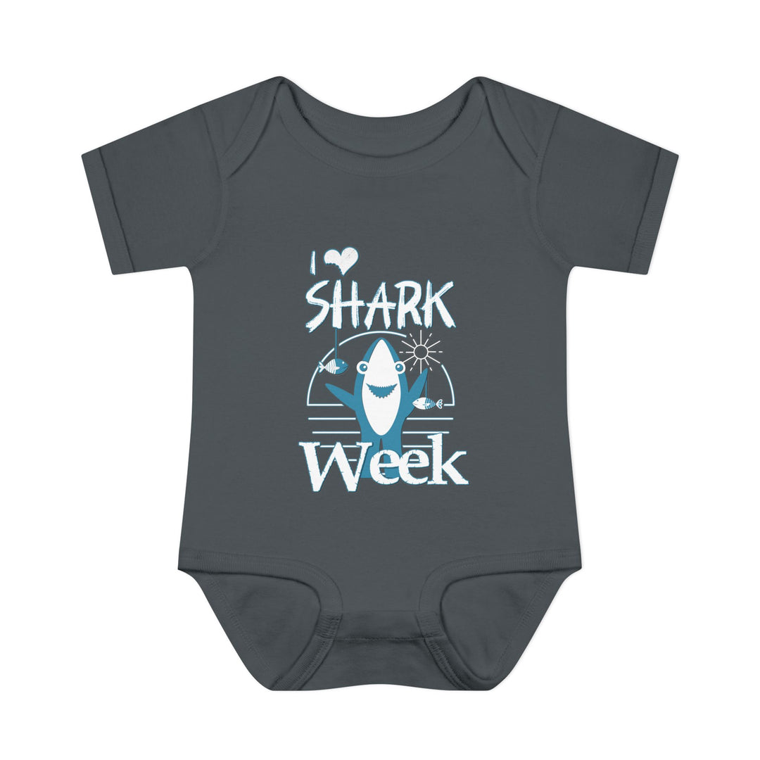 Infant I Love Shark Week bodysuit with lap shoulders, made from soft ring-spun cotton for comfort, featuring a unisex fit and tear-away label.