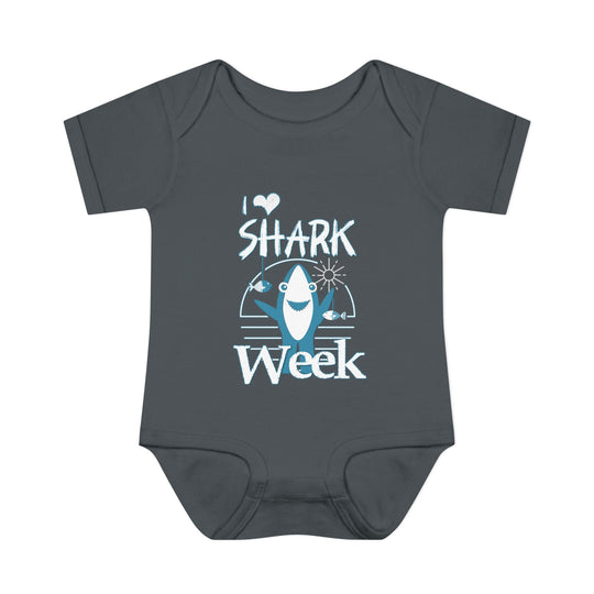 Infant I Love Shark Week bodysuit with lap shoulders, made from soft ring-spun cotton for comfort, featuring a unisex fit and tear-away label.