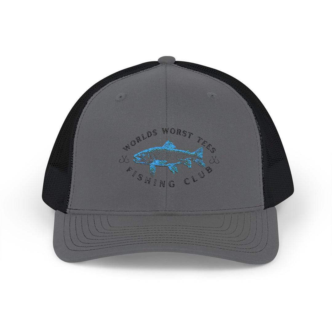 WWT Fishing Club Snapback Trucker Cap featuring a sequin fish design, classic 6-panel construction, pre-curved visor, adjustable snap closure, and breathable polyester mesh back.