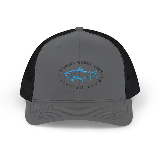 WWT Fishing Club Snapback Trucker Cap featuring a sequin fish design, classic 6-panel construction, pre-curved visor, adjustable snap closure, and breathable polyester mesh back.