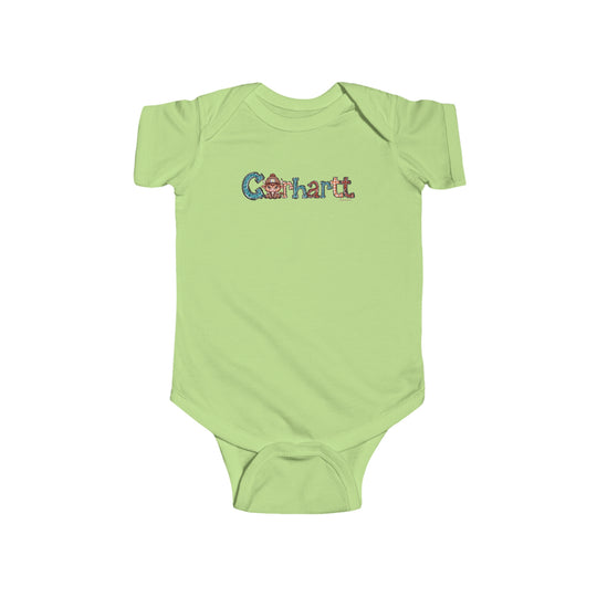 A durable and soft Cowhartt Onesie for infants, featuring a cartoon cow design on a green bodysuit. Made of 100% cotton, with ribbed bindings and plastic snaps for easy changing access. Ideal for babies 0-24M.