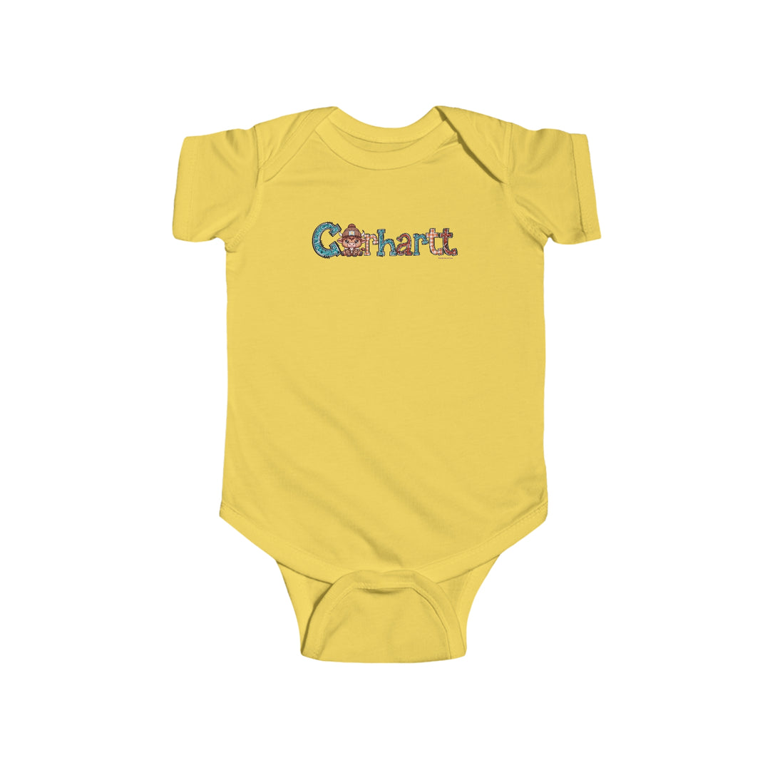 A durable and soft Cowhartt Onesie for infants, featuring a yellow bodysuit with a name logo. Made of 100% cotton, with ribbed knitting for durability and plastic snaps for easy changing access. Ideal for 0-24M.