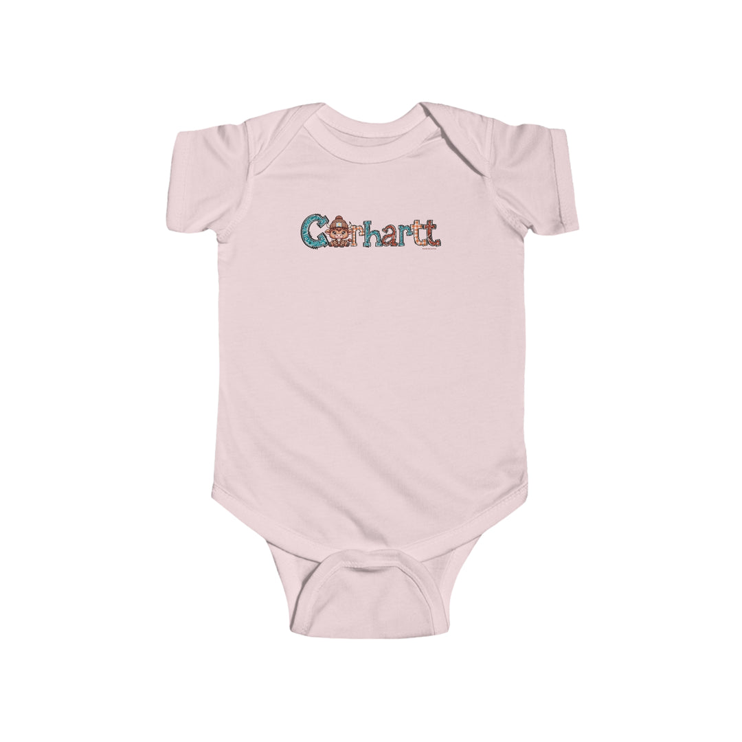 A durable and soft Cowhartt Onesie for infants, featuring 100% cotton fabric, ribbed knit bindings, and plastic snaps for easy changing access. Combed ringspun cotton, light fabric, tear away label.