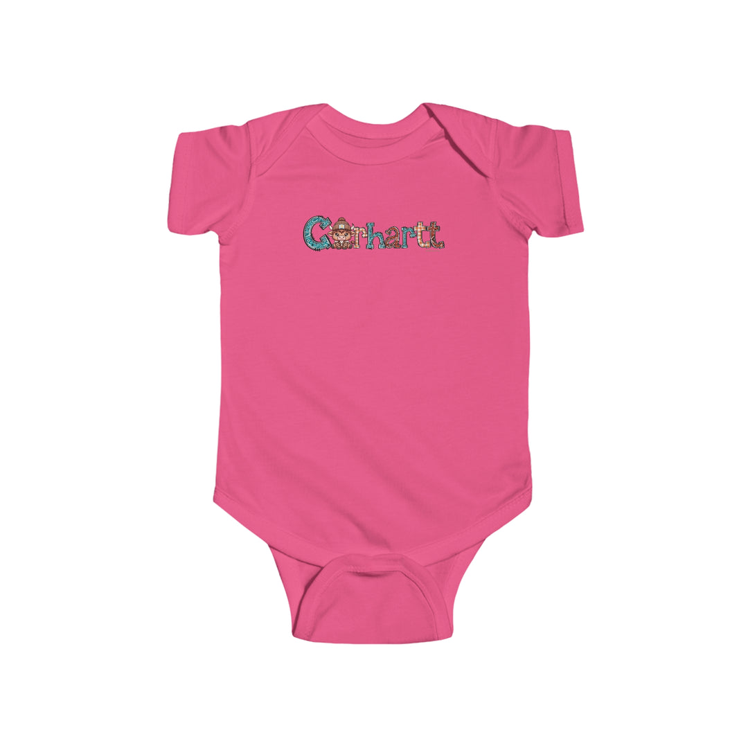 A durable and soft Cowhartt Onesie for infants, featuring 100% cotton fabric with ribbed bindings and plastic snaps for easy changing access. From Worlds Worst Tees, known for unique graphic t-shirts and custom designs.