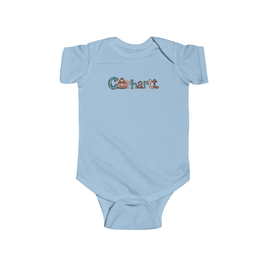 A durable and soft Cowhartt Onesie for infants, featuring a cartoon cow design. Made of 100% cotton, with ribbed bindings and plastic snaps for easy changing access. Ideal for 0-24M sizes.