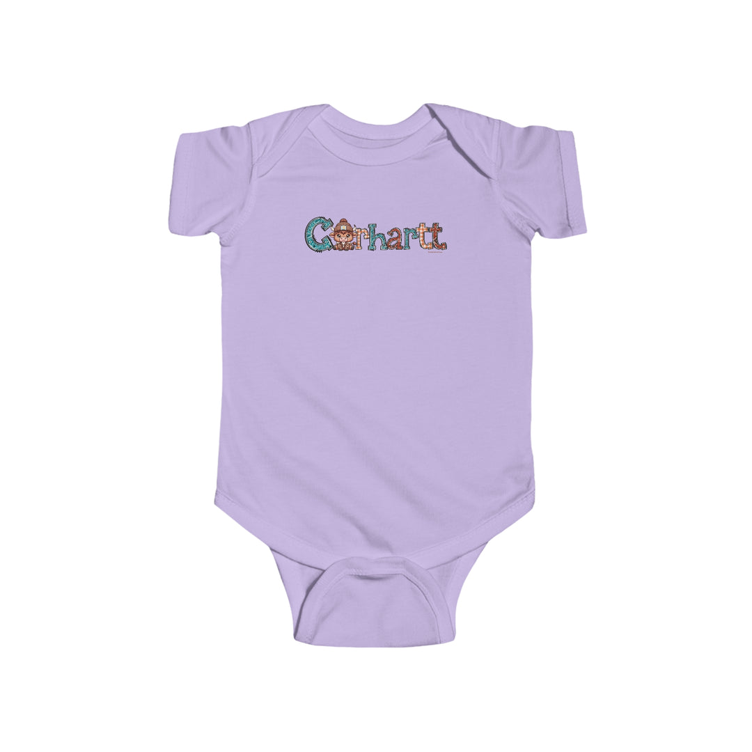 A durable and soft Cowhartt Onesie for infants, featuring 100% cotton fabric, ribbed knitting bindings, and plastic snaps for easy changing access. Combed ringspun cotton, light fabric, and tear-away label add to its charm.