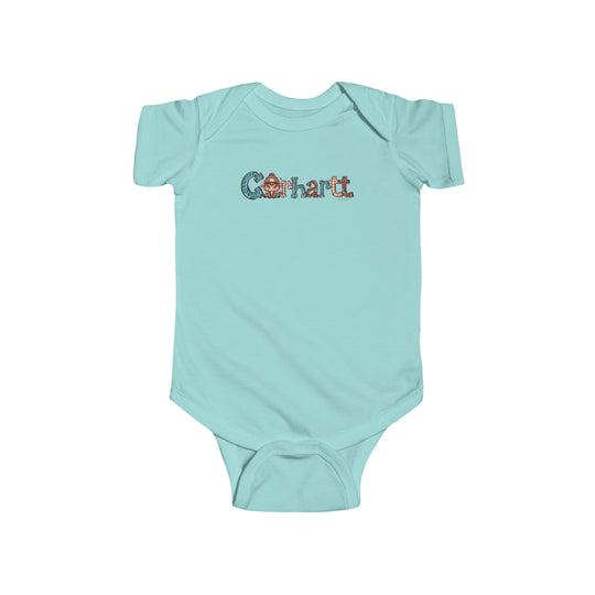 A blue baby bodysuit featuring a cartoon cow with horns and a hat, ideal for infants. Made of 100% cotton, with ribbed knitting for durability and plastic snaps for easy changing access. From Worlds Worst Tees.