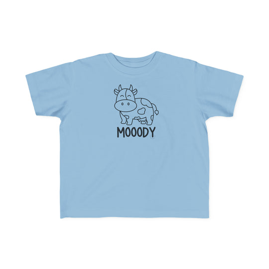 Moody Toddler Tee: A blue shirt featuring a cow drawing, perfect for sensitive toddler skin. Made of 100% combed ringspun cotton, light fabric, classic fit, tear-away label, and true-to-size.