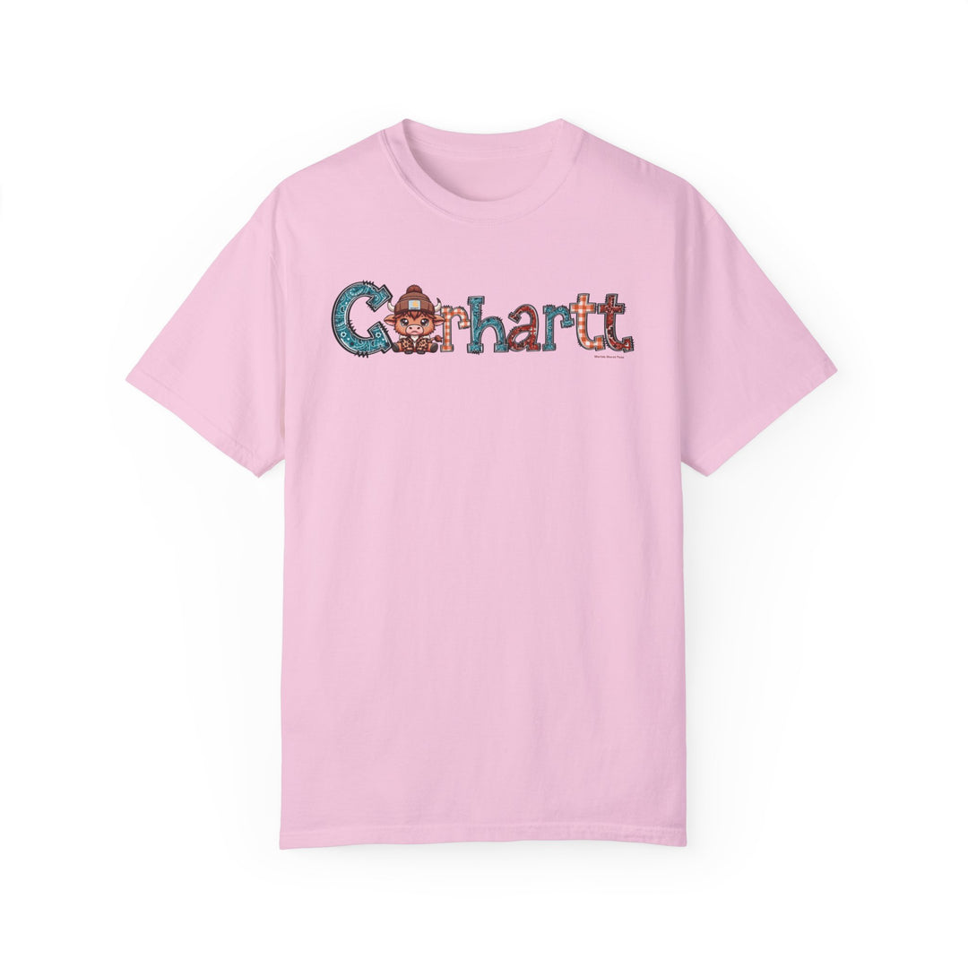 A pink Cowhartt Tee, garment-dyed 100% ring-spun cotton, medium weight, with a relaxed fit and double-needle stitching for durability. No side-seams for a tubular shape. Sizes: S-4XL.