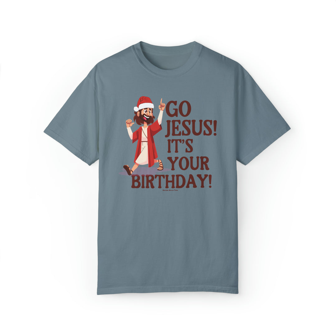 Unisex Go Jesus It's Your Birthday Tee featuring a cartoon character in a Santa hat. Made of 80% ring-spun cotton and 20% polyester, with a relaxed fit and rolled-forward shoulder. From Worlds Worst Tees.