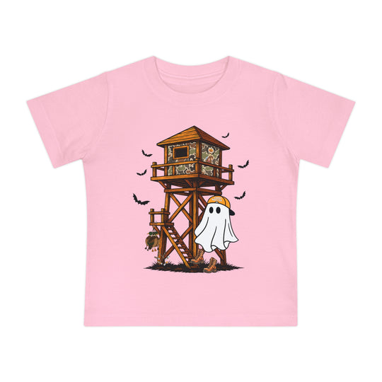 Ghost Hunter Baby Tee featuring a whimsical Halloween-hunting scene with a camouflaged blind, bats, turkey, and a cartoon ghost in hunter gear.