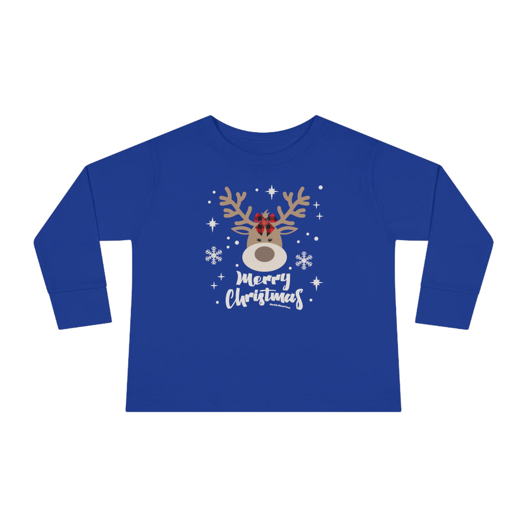 A custom toddler long-sleeve tee featuring a blue shirt with a deer design. Made of 100% combed ringspun cotton, with topstitched ribbed collar and EasyTear™ label for sensitive skin. From Worlds Worst Tees.