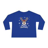 A custom toddler long-sleeve tee featuring a blue shirt with a deer design. Made of 100% combed ringspun cotton, with topstitched ribbed collar and EasyTear™ label for sensitive skin. From Worlds Worst Tees.