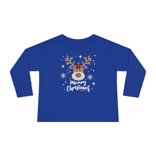 A custom toddler long-sleeve tee featuring a blue shirt with a deer design. Made of 100% combed ringspun cotton, with topstitched ribbed collar and EasyTear™ label for sensitive skin. From Worlds Worst Tees.