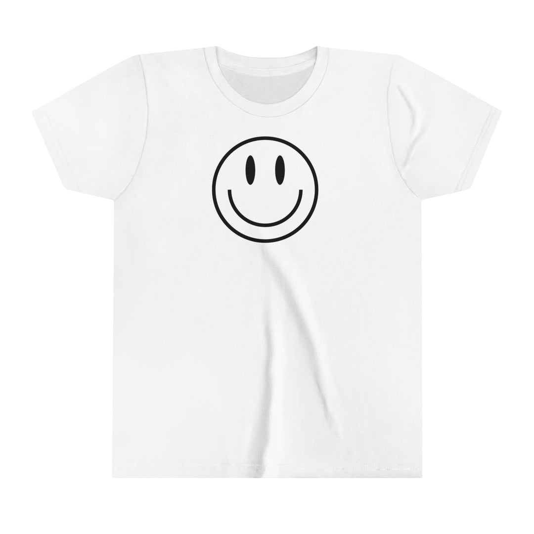 Youth white t-shirt featuring a smiley face design. Lightweight and comfortable, perfect for kids. Made of 100% Airlume combed cotton. Retail fit with tear-away label. Ideal for custom artwork.