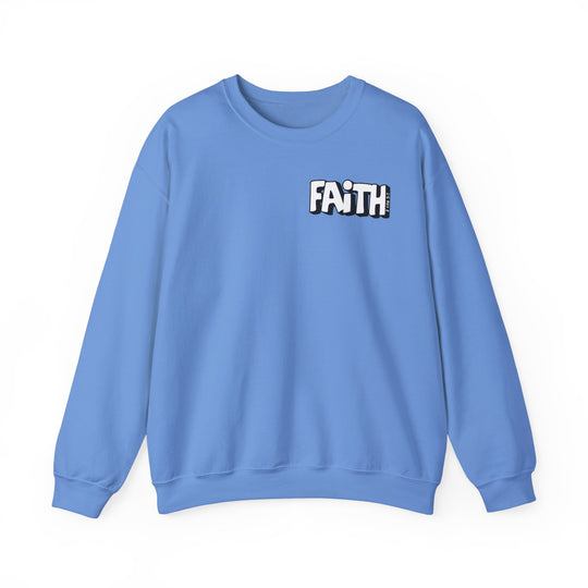 A blue Walk By Faith Not By Sight Crew sweatshirt with white text, featuring a cartoon character logo. Unisex heavy blend crewneck, 50% Cotton 50% Polyester, ribbed knit collar, no itchy side seams. Sizes S-5XL.