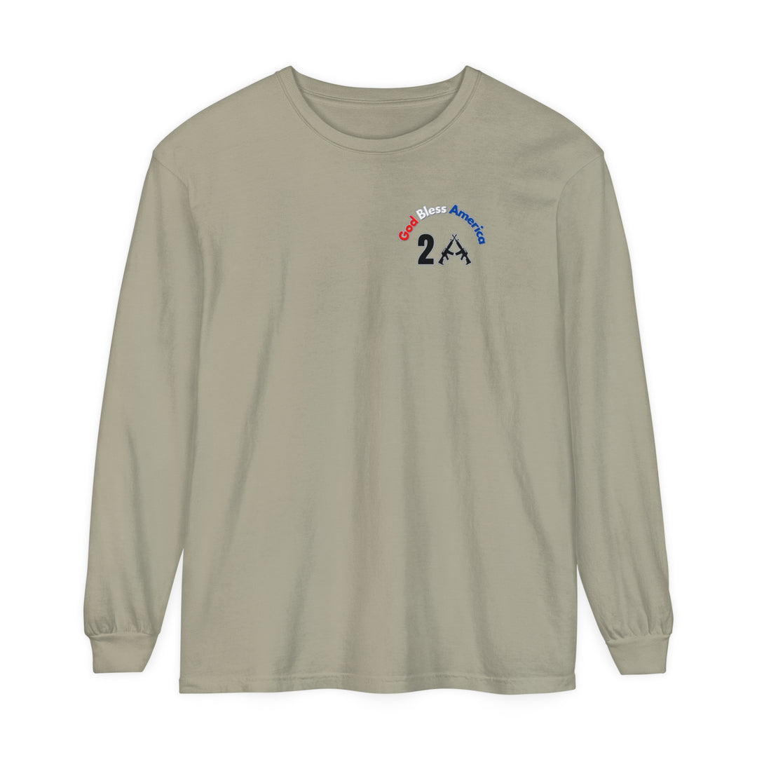 Long-sleeve tee with logo featuring text and guns, in a relaxed fit for comfort. Made of 100% ring-spun cotton, garment-dyed fabric, and medium weight. Title: God Bless America 2A Long Sleeve Tee.