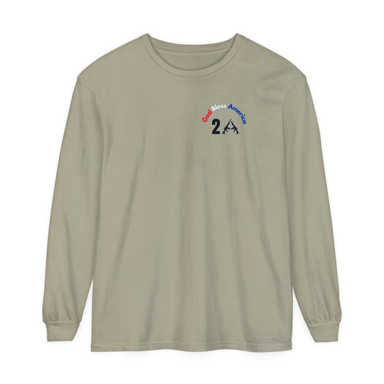 Long-sleeve tee with logo featuring text and guns, in a relaxed fit for comfort. Made of 100% ring-spun cotton, garment-dyed fabric, and medium weight. Title: God Bless America 2A Long Sleeve Tee.