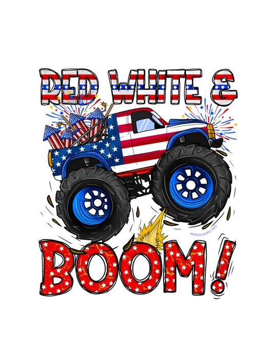 Red White and Boom Kids Tee featuring a truck with a flag, tire cartoons, and patriotic elements. 100% combed ringspun cotton, light fabric, classic fit for active kids. Ideal for studying or playtime.