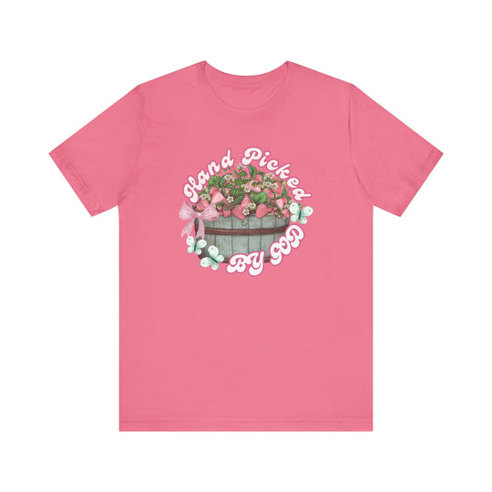 Hand Picked by GOD Tee, classic unisex fit, featuring ribbed knit collars and tapered shoulders, crafted from soft Airlume cotton, ideal for casual and semi-formal wear.