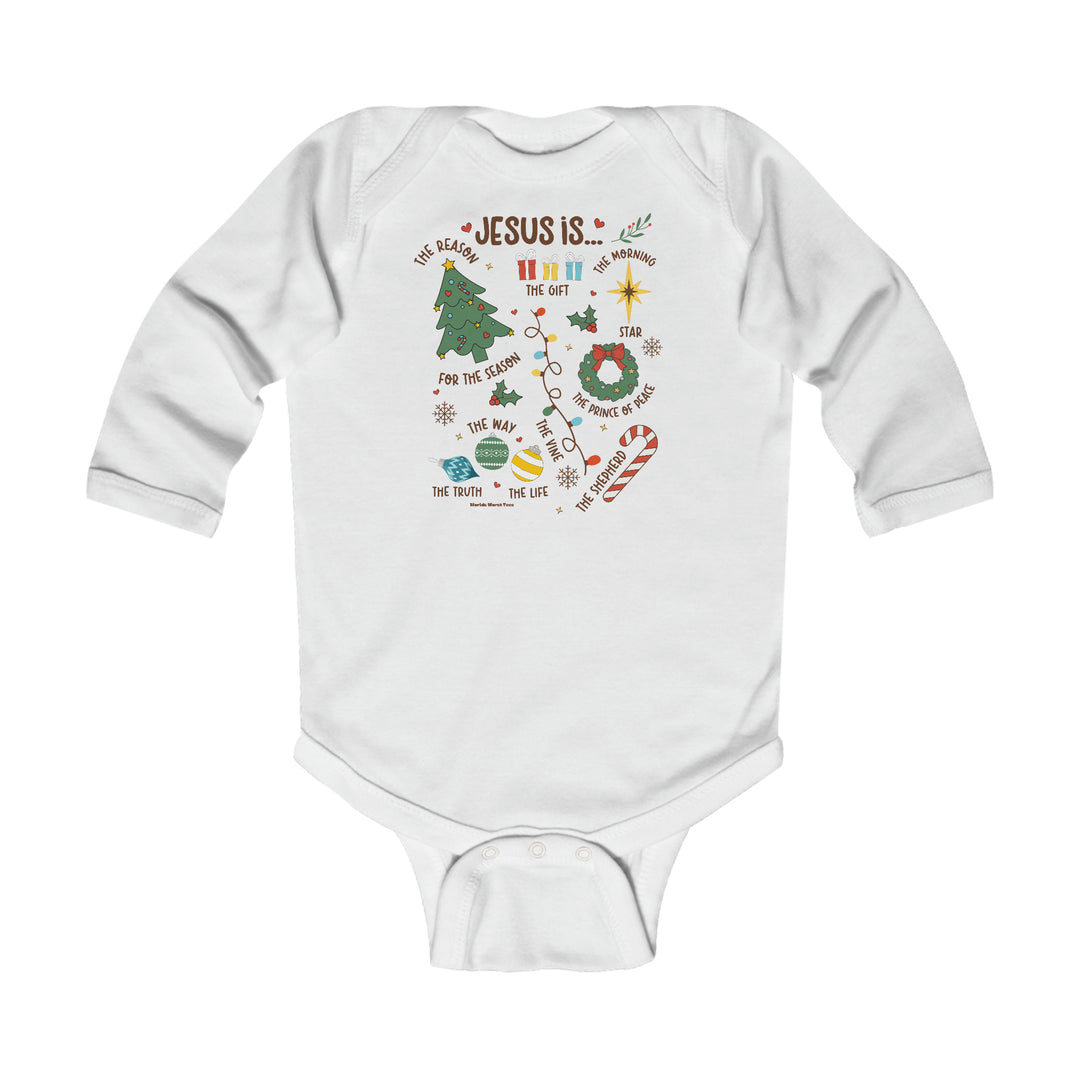 A white baby bodysuit featuring a graphic design of Jesus and Christmas symbols. Made of soft 100% cotton fabric with plastic snaps for easy changing. Durable ribbed knitting for comfort and mobility.