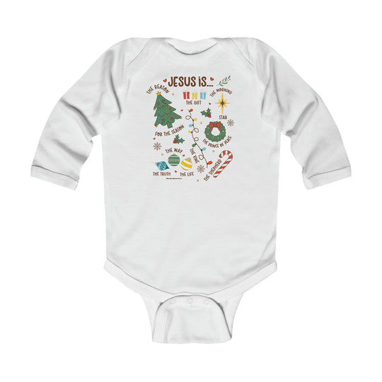 A white baby bodysuit featuring a graphic design of Jesus and Christmas symbols. Made of soft 100% cotton fabric with plastic snaps for easy changing. Durable ribbed knitting for comfort and mobility.