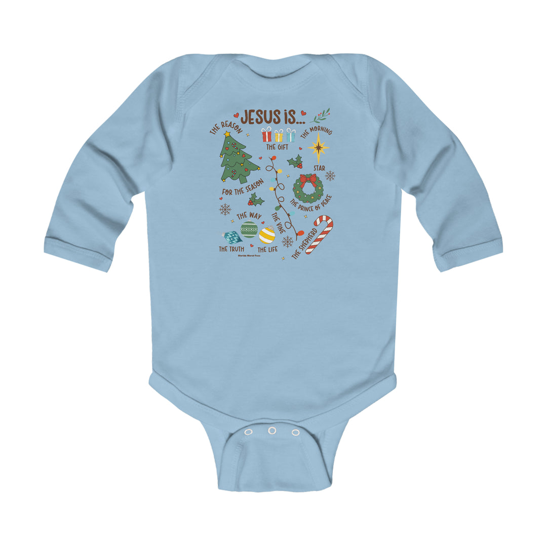 Infant long sleeve bodysuit featuring a Christmas-themed graphic of Jesus surrounded by trees and ornaments. Made of soft cotton, with ribbed bindings for durability. Ideal for easy changing with plastic snaps.
