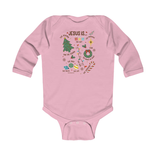Infant long sleeve bodysuit featuring a graphic Christmas tree design. Soft 100% cotton fabric, ribbed bindings for durability, and easy plastic snap closure. Title: Jesus is Christmas Onesie.