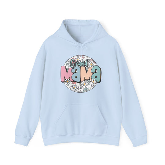 A light blue Sassy Grand Mama Flower Hoodie, a cozy unisex blend of cotton and polyester. Features a kangaroo pocket and matching drawstring hood. Ideal for chilly days.
