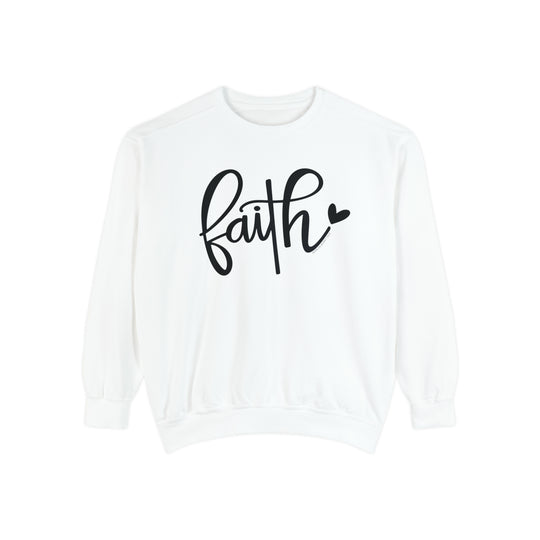 Unisex Faith Crew sweatshirt: White with black text. Luxurious 80% ring-spun cotton, 20% polyester fabric. Relaxed fit, rolled-forward shoulder, back neck patch. Medium-heavy (9.5 oz/yd²) fleece.
