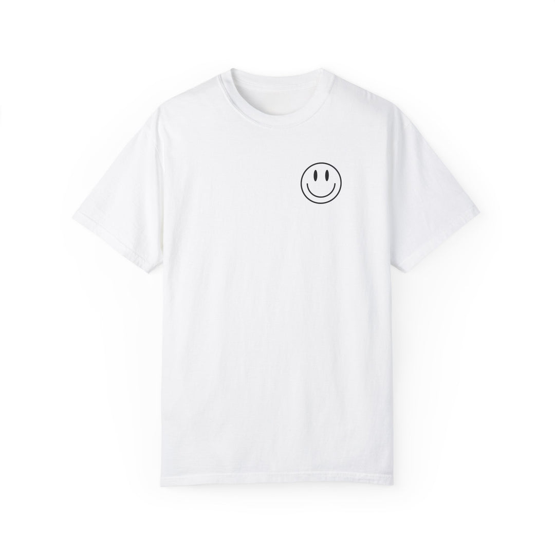A relaxed fit Be the reason Tee, white t-shirt with a smiley face design. 100% ring-spun cotton, garment-dyed for coziness. Durable double-needle stitching, seamless sides for a tubular shape.