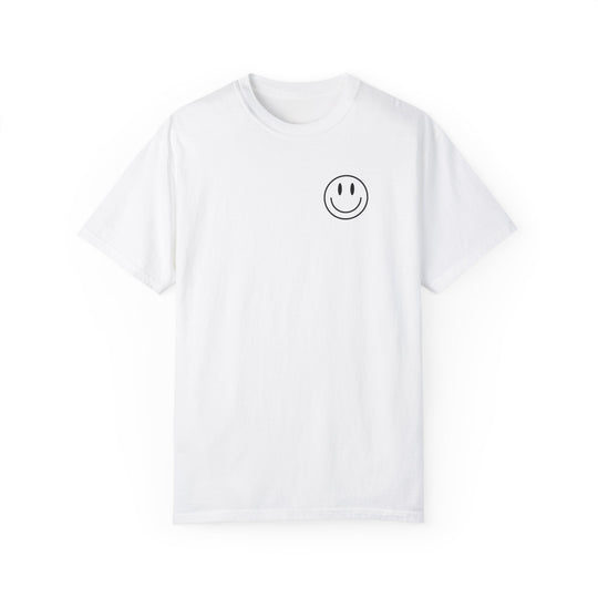 A relaxed fit Be the reason Tee, white t-shirt with a smiley face design. 100% ring-spun cotton, garment-dyed for coziness. Durable double-needle stitching, seamless sides for a tubular shape.
