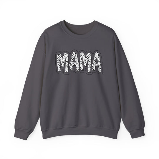 A Mama Print Crew unisex sweatshirt in grey with white dots and text. Made of 50% Cotton 50% Polyester blend, ribbed knit collar, loose fit, no itchy side seams. Ideal comfort for any occasion.