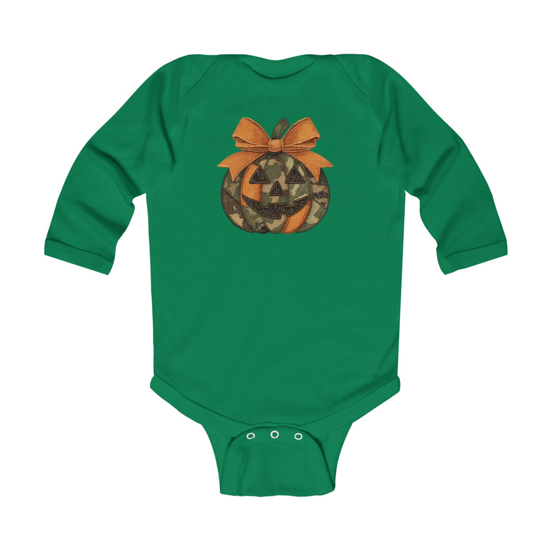 Jackie O Long Sleeve Onesie with camouflage jack-o’-lantern graphic and orange bow on chest; features snap closures and ribbed knitting for durability.
