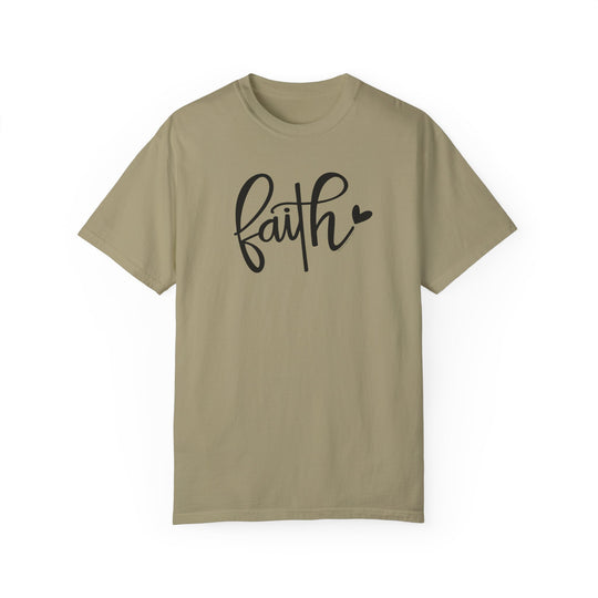 A tan Faith Tee, garment-dyed with ring-spun cotton for coziness. Relaxed fit, double-needle stitching for durability, no side-seams for shape retention. From Worlds Worst Tees.
