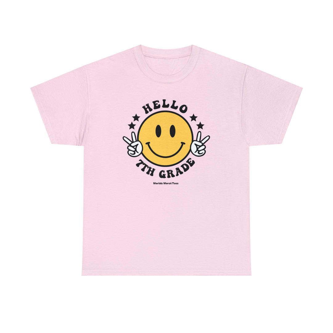 A premium Hello 7th Grade Tee for men, featuring a pink t-shirt with a yellow smiley face and two fingers up. Combed, ring-spun cotton, ribbed knit collar, and roomy fit for comfort.