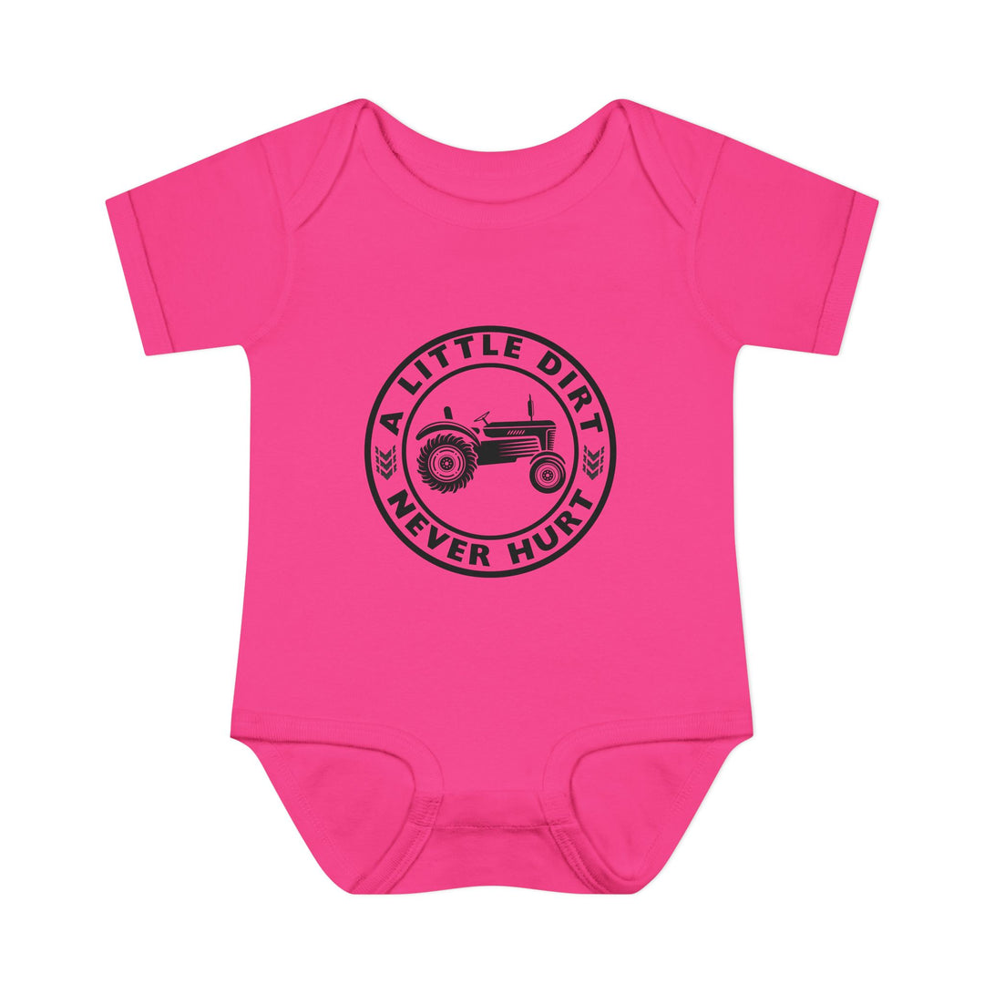 Bright pink baby onesie featuring a black tractor graphic with the slogan A LITTLE DIRT NEVER HURT, designed for comfort with soft, 100% ring-spun cotton.