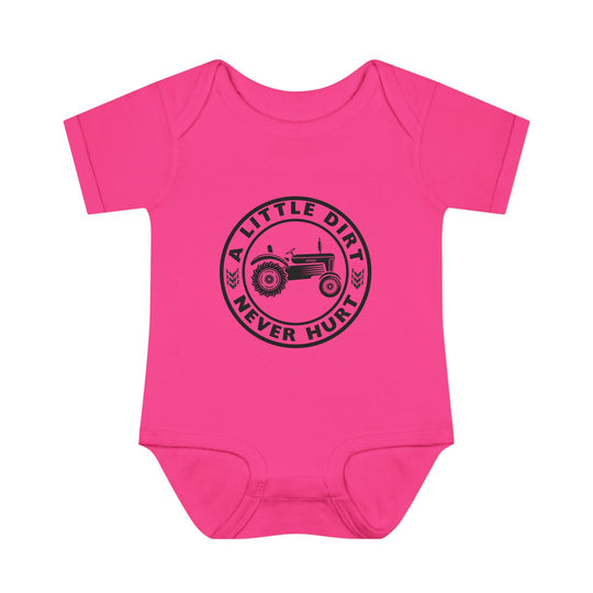 Bright pink baby onesie featuring a black tractor graphic with the slogan A LITTLE DIRT NEVER HURT, designed for comfort with soft, 100% ring-spun cotton.