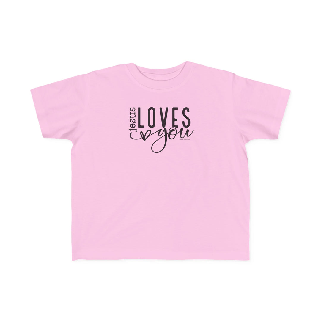 Toddler tee with Jesus Loves You print. Soft, 100% ringspun cotton, light fabric, tear-away label. Ideal for sensitive skin, durable for first adventures. Sizes: 2T, 3T, 4T, 5-6T. Classic fit, true to size.