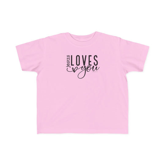 Toddler tee with Jesus Loves You print. Soft, 100% ringspun cotton, light fabric, tear-away label. Ideal for sensitive skin, durable for first adventures. Sizes: 2T, 3T, 4T, 5-6T. Classic fit, true to size.