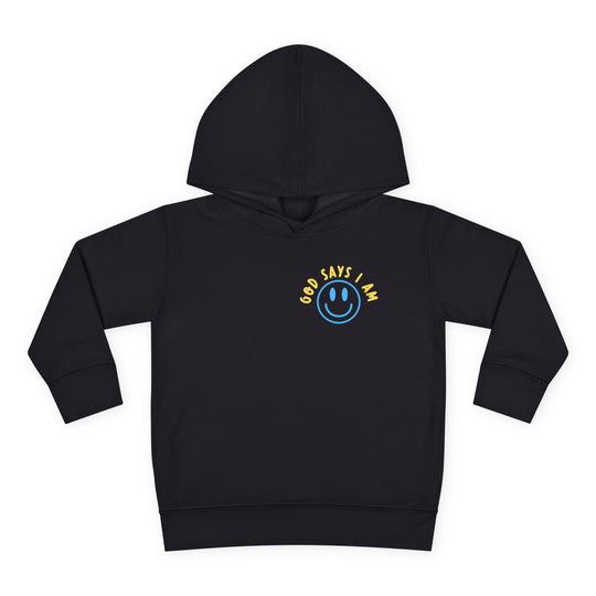 I AM Toddler Hoodie featuring a blue smiley-face graphic and GOD SAYS I AM. text, designed for comfort with jersey-lined hood and side-seam pockets.
