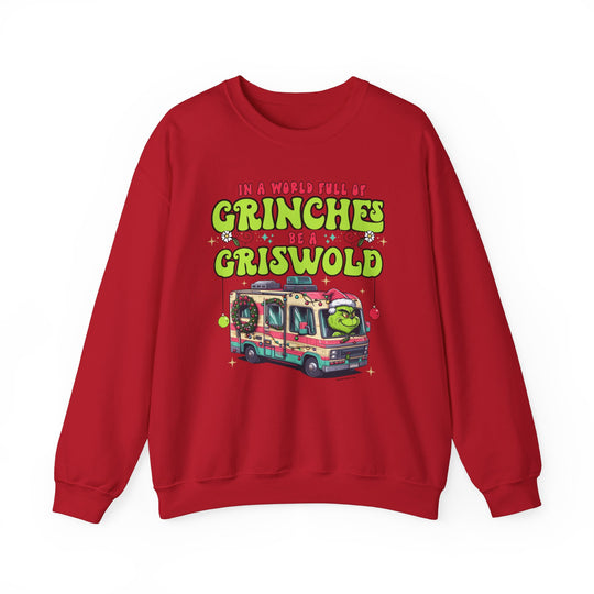 A red crewneck sweatshirt featuring a cartoon bus design, ideal for comfort and style. Unisex, heavy blend fabric with ribbed knit collar and no itchy side seams. Be a Griswold Crew.