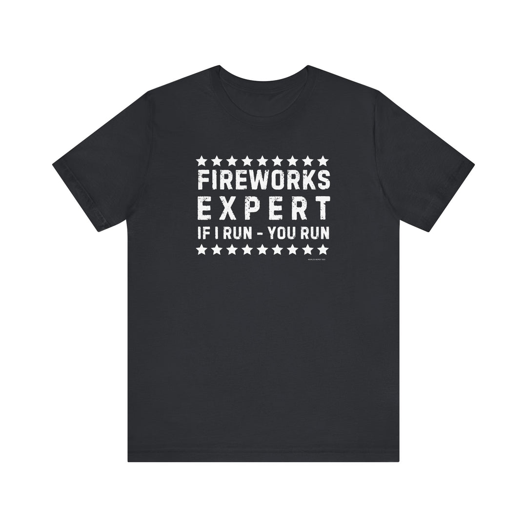Unisex black tee with Firework Expert white text. Soft 100% cotton, ribbed knit collar, retail fit, tear away label. Sizes XS-3XL. Ideal for casual wear.