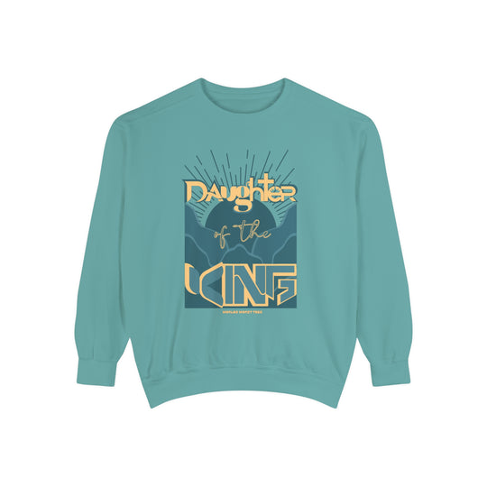 Daughter of the King Crew unisex sweatshirt, 80% ring-spun cotton, 20% polyester, 3-end garment-dyed fleece, relaxed fit, rolled-forward shoulder, back neck patch. Sizes: S, M, L, XL, 2XL.