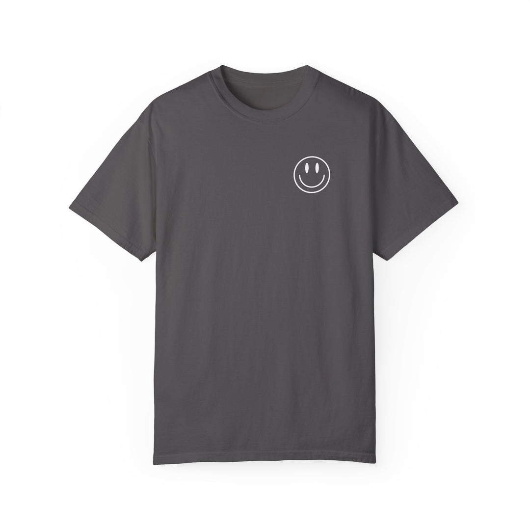 Be the reason Tee: Grey t-shirt with smiley face design. 100% ring-spun cotton, garment-dyed for extra coziness. Relaxed fit, double-needle stitching for durability, no side-seams for tubular shape. From Worlds Worst Tees.