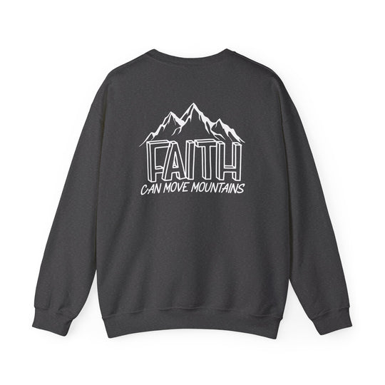 Unisex heavy blend crewneck sweatshirt, Faith Can Move Mountains Crew. Features ribbed knit collar, double-needle stitching, and tear-away label for ultimate comfort and durability. Made from 50% cotton, 50% polyester.
