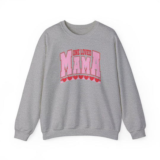 A unisex heavy blend crewneck sweatshirt featuring One Loved Mama Crew. 50% cotton, 50% polyester, loose fit, ribbed knit collar, and no itchy side seams. Medium-heavy fabric. Sewn-in label.